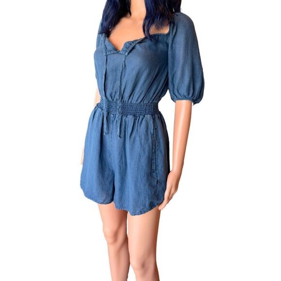 NWT Bella Dahl Blue Puff Sleeve Smocked 100% Linen Romper - Picture 4 of 7